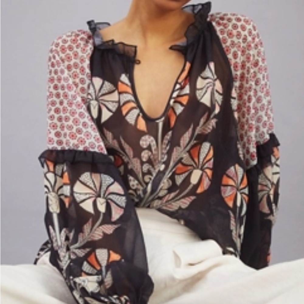 Anthropologie Black and Orange Floral Blouse
